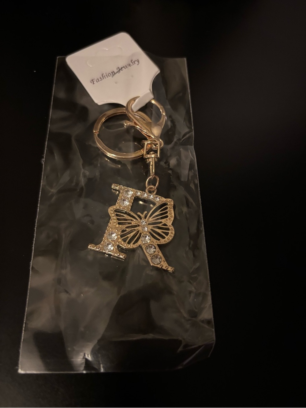 Gold Initial 'R' Keychain with Butterfly Charm - Picture 2 of 2